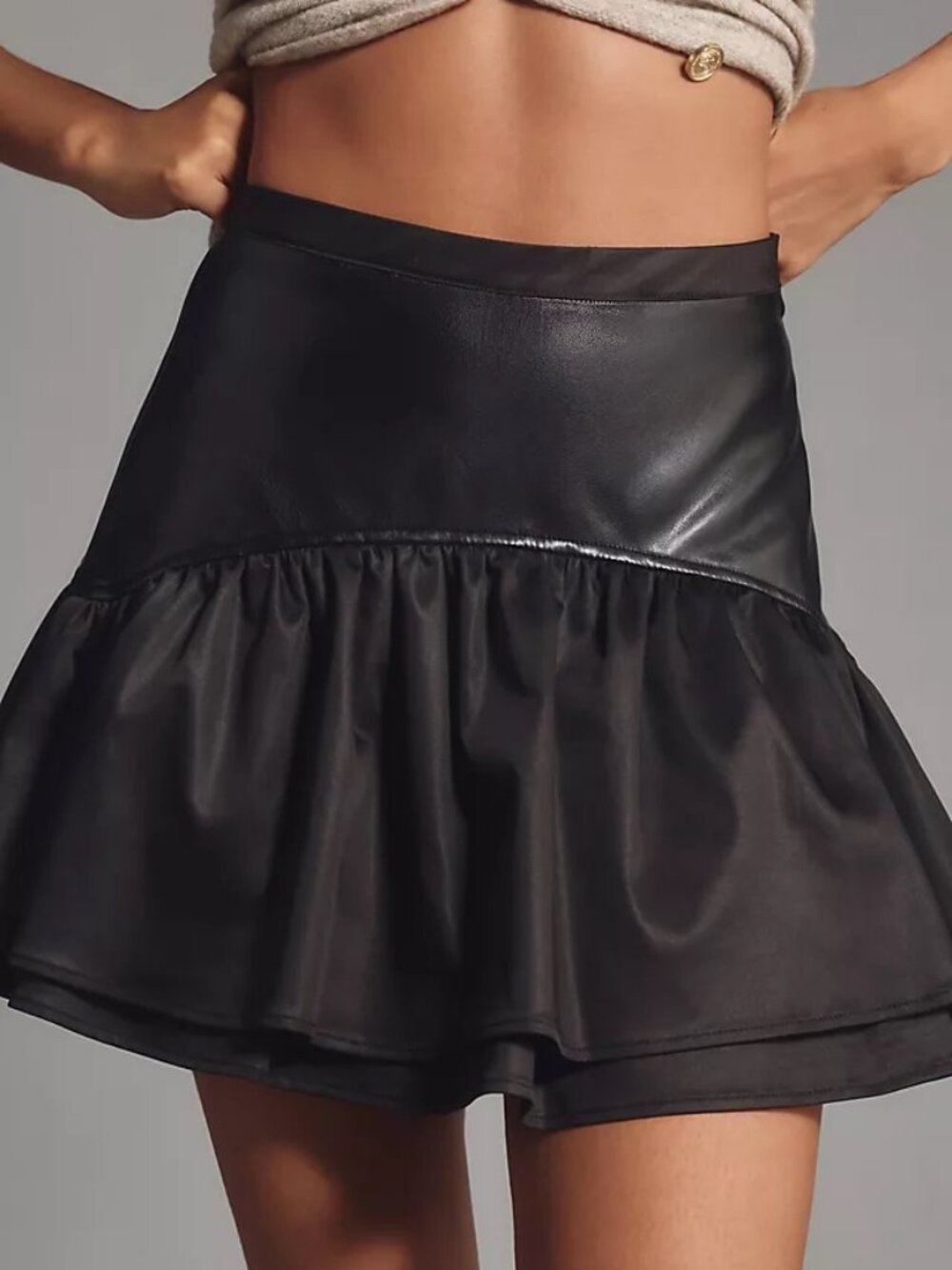 Black Faux Leather Flounce/Ruffle Mini Skirt